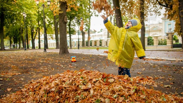 Happy little boy in raincoat playng and throwing autumn leaves at park.