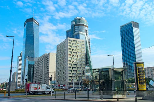 High glass skyscrapers in Warsaw. Modern architecture of city buildings. Business center with modern buildings in Warsaw. Skyscrapers in city
