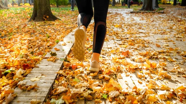 Rear view photo of beautiful young woman in sportrs outfit jogging in autumn park covered with fallen yellow leaves.