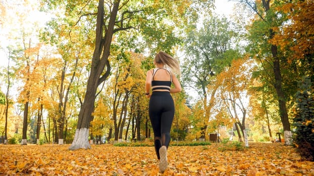 Rear view photo of sexy young woman in sports outfit jogging at autumn park.