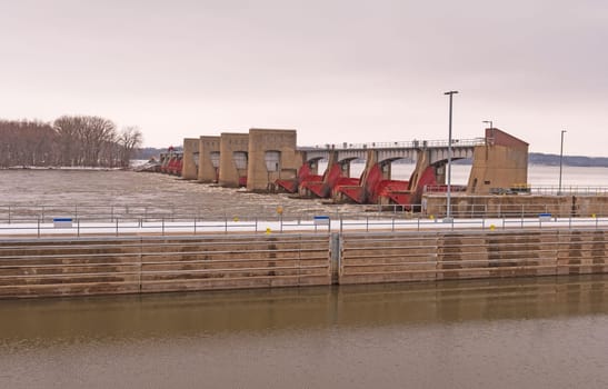 Lock and Dam Along the Mississippi River Near Fulton, Illinois