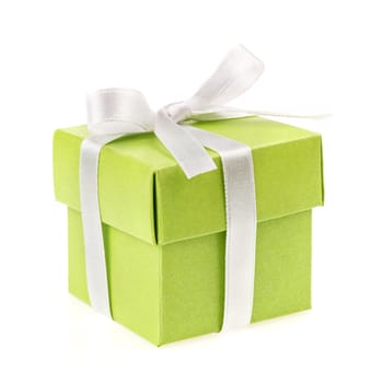 green gift box with white ribbon and bow isolated on white top view