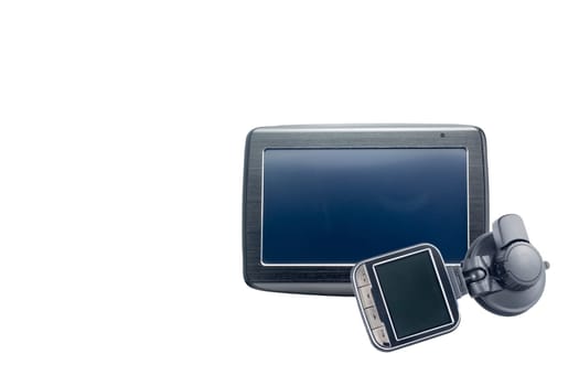 Gps navigation with empty dark screen and  the car security digital camera is lying in front navigation. All on white isolated background.