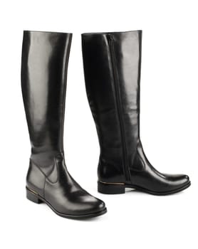 Black leather female boots isolated on white background