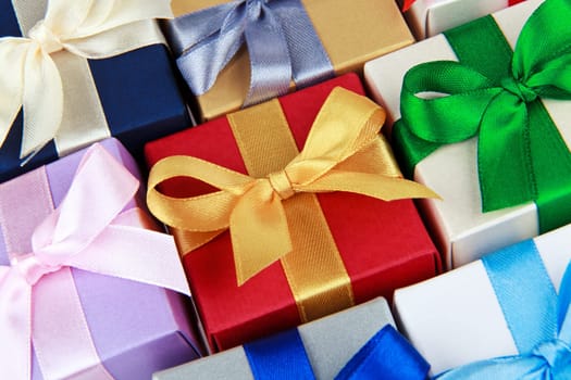 colorful gift boxes with bows top view