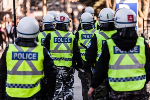 MONTREAL, CANADA, APRIL 02 2015. Riot in the Montreal Streets to counter the Economic Austerity Measures. Closeup of Police Gear and Protections