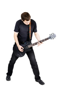 young man with an electric guitar. Isolated on white background