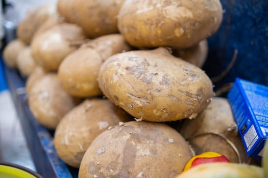 Close-up of fruit stand with pile of fresh brown jicamas. Juicy-looking fruit for sale on blue stall inside classic Mexican market. Natural healthy food