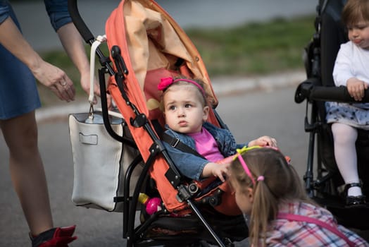 beautiful babies sitting in a stroller in the park