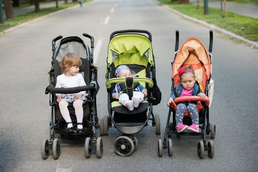 beautiful babies sitting in a stroller in the park