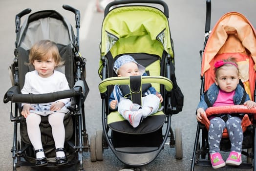 beautiful babies sitting in a stroller in the park