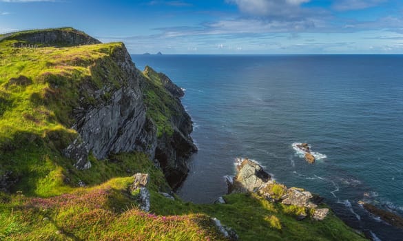 Beautiful Kerry Cliffs with a view on Skellig Michael and Little Skellig islands on far distance, where Star Wars were filmed, Ring of Kerry, Ireland