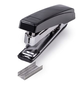 Black stapler and staples to him, isolated on white background