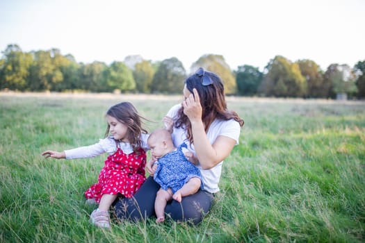 Happy woman, baby, and little girl sitting on grass with trees as background. Mother playing with adorable young daughters in park. Young family having fun outdoors