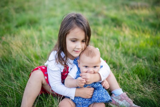 Adorable little girl sitting on grass and lovingly hugging baby. Portrait of cute young child sitting with her baby sibling in park. Young family playing outdoors