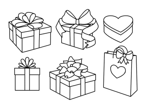Doodle set of gift boxes with bows, heart shaped box and a gift bag. Hand drawn presents collection. Graphic design elements for advertisement, flyer, poster, web shop sale. Vector illustration