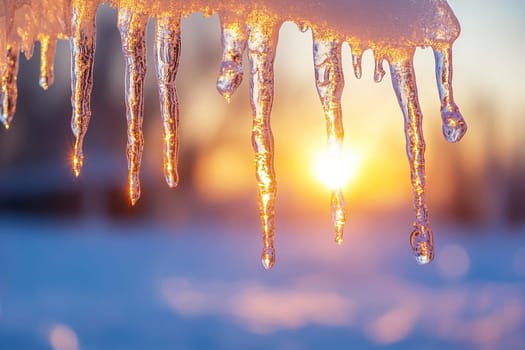 Tree branch with melting icicles and warm sunny background. Close-up. Thaw.