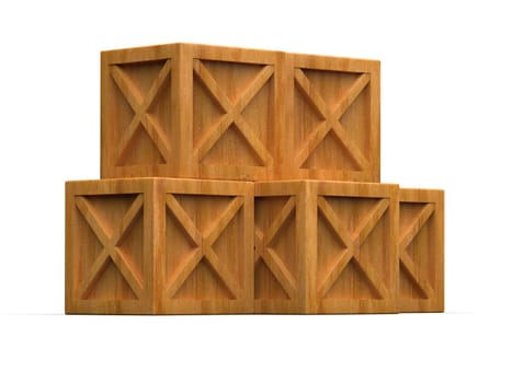 Pile of Stacked Sealed Goods Wooden Boxes, Pallet Cargo Cases Industrial Crates or Container Boxes for Storage, Logistic Transportation and Delivery, Warehouse Concept, 3d Illustration