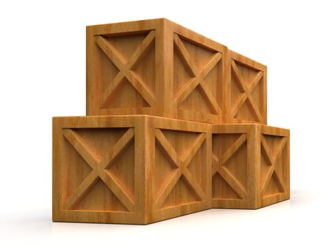 Pile of Stacked Sealed Goods Wooden Boxes, Pallet Cargo Cases Industrial Crates or Container Boxes for Storage, Logistic Transportation and Delivery, Warehouse Concept, 3d Illustration