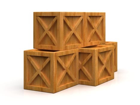 Pile of Stacked Sealed Goods Wooden Boxes, Pallet Cargo Cases Industrial Crates or Container Boxes for Storage, Logistic Transportation and Delivery, Warehouse Concept, 3d Illustration