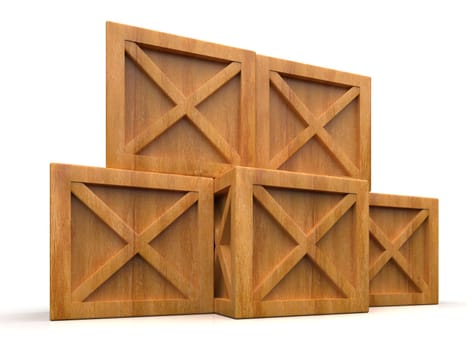 Pile of Stacked Sealed Goods Wooden Boxes, Pallet Cargo Cases Industrial Crates or Container Boxes for Storage, Logistic Transportation and Delivery, Warehouse Concept, 3d Illustration