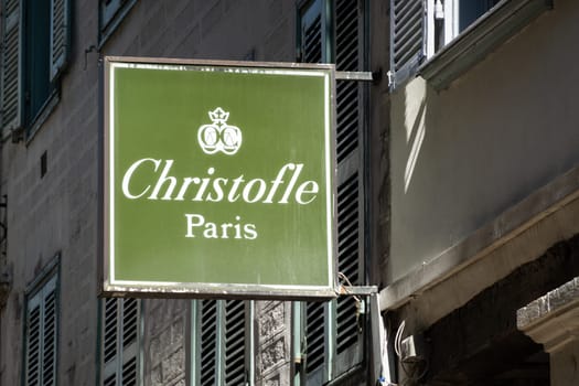 BAYONNE, FRANCE - CIRCA APRIL 2021: Christofle sign oustside shop. Christofle is a French goldsmith and tableware company.