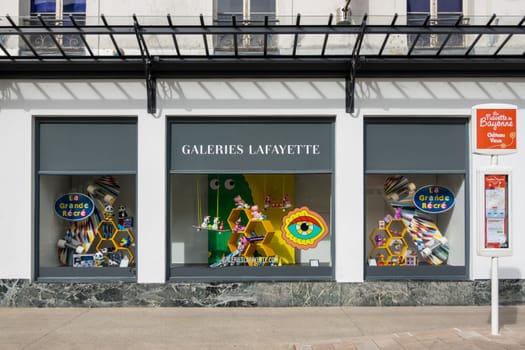 BAYONNE, FRANCE - CIRCA APRIL 2021: La Grande Récré window display at the Galeries Lafayette.