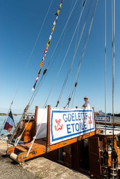BAYONNE, FRANCE - AUGUST 22, 2020: The schooner Etoile docked at Edmond-Foy quay. It is a training ship for the French navy.
