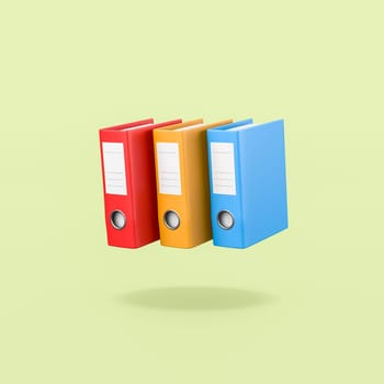 Set of Three Colorful Binders Isolated on Flat Green Background with Shadow 3D Illustration