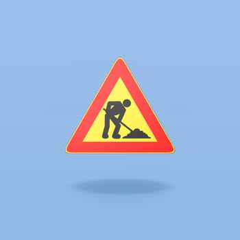 Work in Progress Warning Triangle Road-Sign Isolated on Flat Blue Background with Shadow 3D Illustration