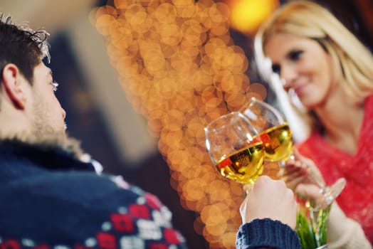 romantic evening date in restaurant  happy young couple with wine glass tea and cake