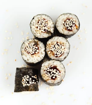 Traditional japanese sushi sprinkled with sesame top view