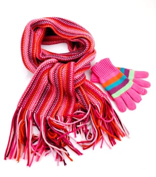 Striped scarf and gloves  isolated  on white