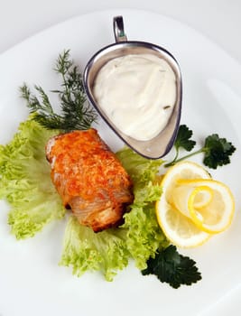 meat sauce with lemon and salad isolated on white