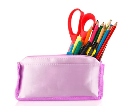 pencil case with school tools on a white background