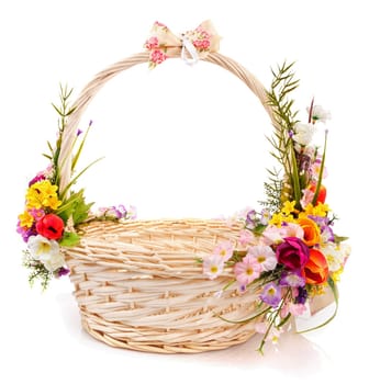 basket decorated with flowers on a white background