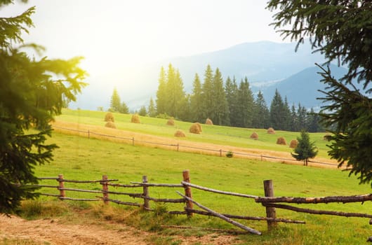 Summer mountain village landscape with blue sky