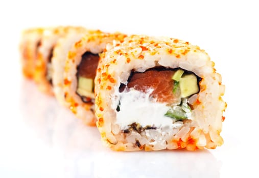traditional fresh japanese sushi rolls on a white background