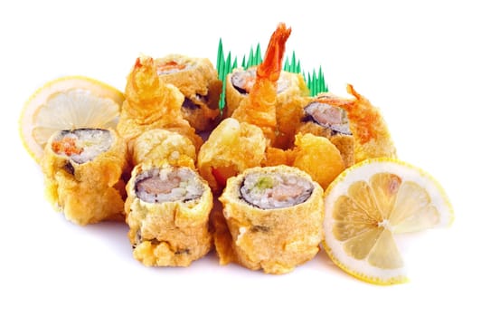 fried shrimp with sushi roll and lemon isolated