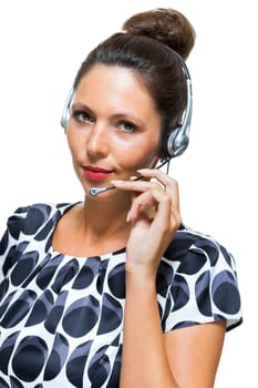 Young businesswoman with headset operator phoneist with headphones friendly isolated against white background with text space