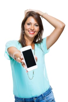 Young attractive brunette woman with smartphone phone isolated against white background with text space