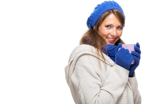 attractive pretty young woman with blue wool hat with long dark hair in winter isolated on white background