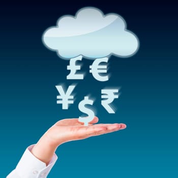 Currency symbols transferring between an open hand and a blank cloud computing icon. Yen, Pound, Euro, Rupee and Dollar signs floating in mid-air above the left palm of a business person. Close up.