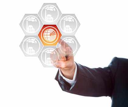 Arm of business person aiming index finger at a geothermal energy icon at the center of a virtual interface. Hexagonal buttons with grey smoking factory symbols surround the geothermal power key.