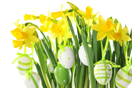 Easter bouquet with Easter bells and hanging Easter eggs