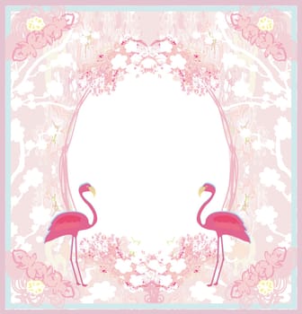 Abstract decorative pink card with flamingos