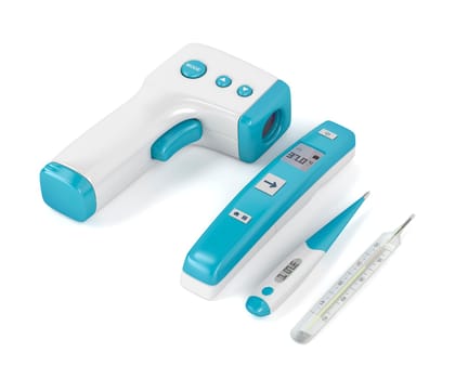 Four different types of medical thermometers on white background
