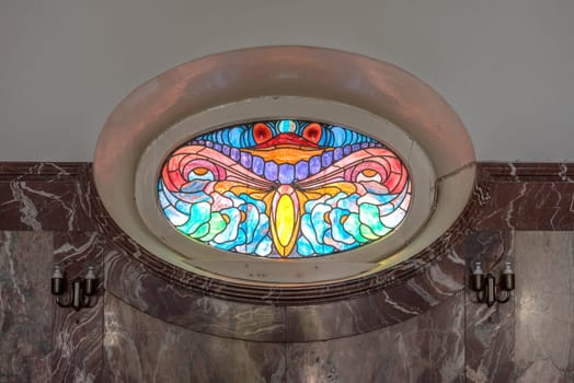 colored art nouveau window in the historic bath house Sprudelhof, Bad Nauheim, Germany