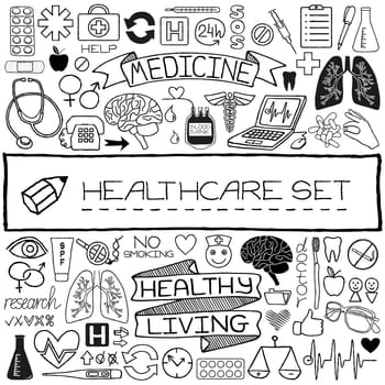 Doodle medical set of icons with medical and science tools, human organs etc. Vector illustration.
