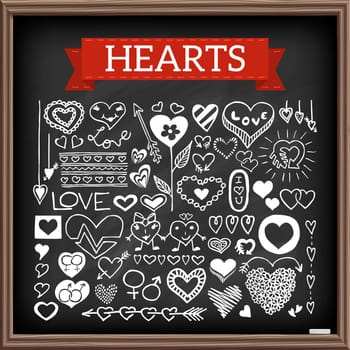 Hand drawn heart icons, arrows, flowers. Graphic design grunge sketch style elements for Valentine's day, birthday card, baby shower, wedding invitation, app, infographics, poster. Vector illustration